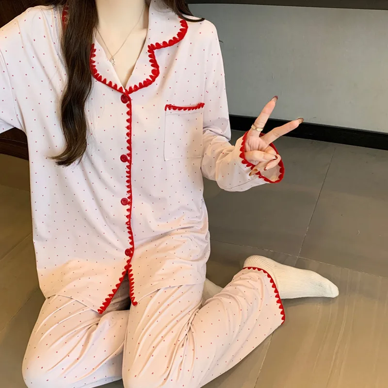 

ring New Women's Long Sleeved Sleepwear Home Suit Set with Polka Dot Loose Collar, Long Sleeved Pants, Home Suit Two-Piece Set