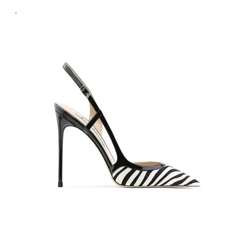 High heels, summer new style, slim heel, pointed hollow out, straight cut with toe cap, zebra colored sandals