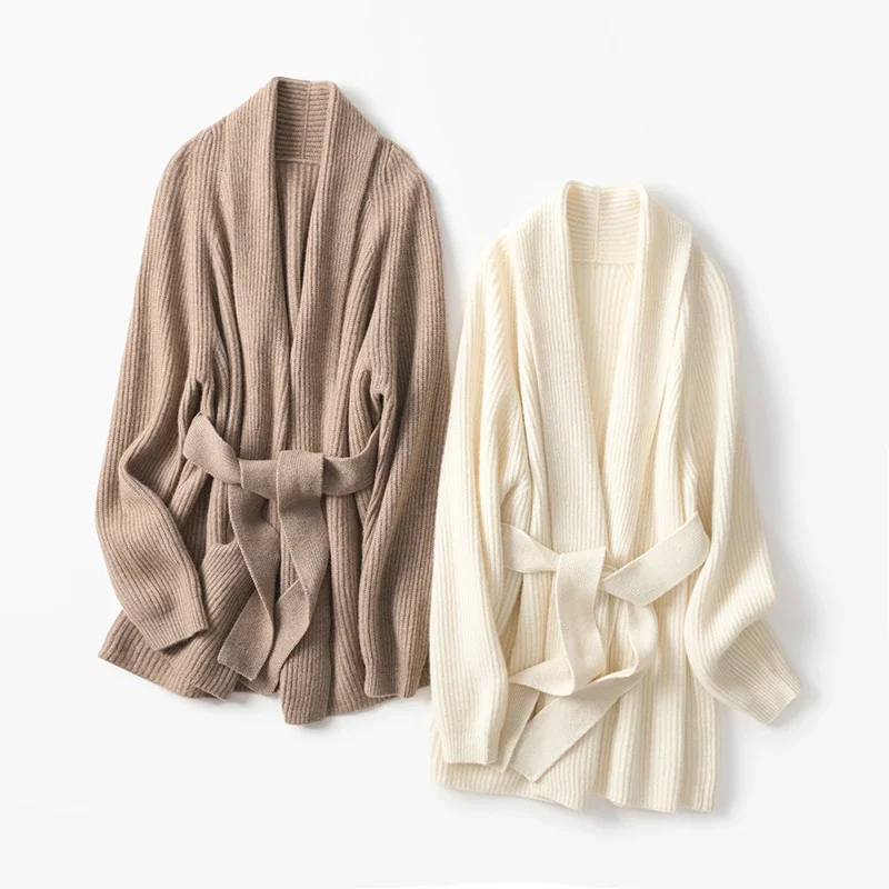 100% Pure Cashmere Coat Women's Loose Korean Lazy Mid length Belt Sweater Coat Cardigan Thickened Warm