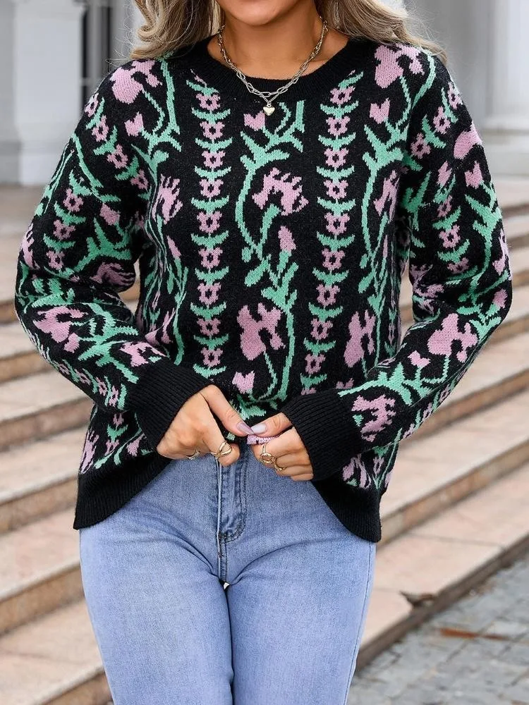 새로운 가을 꽃무늬 여성용 스웨터, 캐주얼 스웨터, 아늑한 스웨터, 우아한 여성용 스웨터, 빈티지 의류, 풀오버 여성