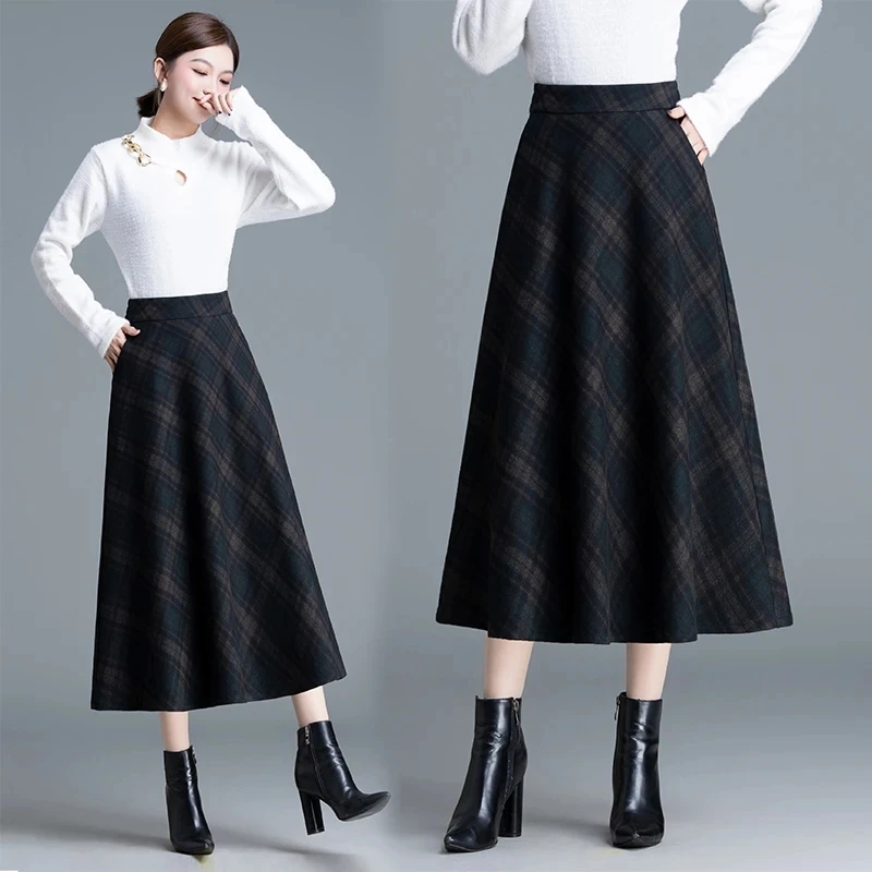 Autumn Winter Long Woolen Skirts Women Vintage Maxi Skirts High Waist Warm Elegant Office Lady Elastic A-Line Plaid Skirt W1788