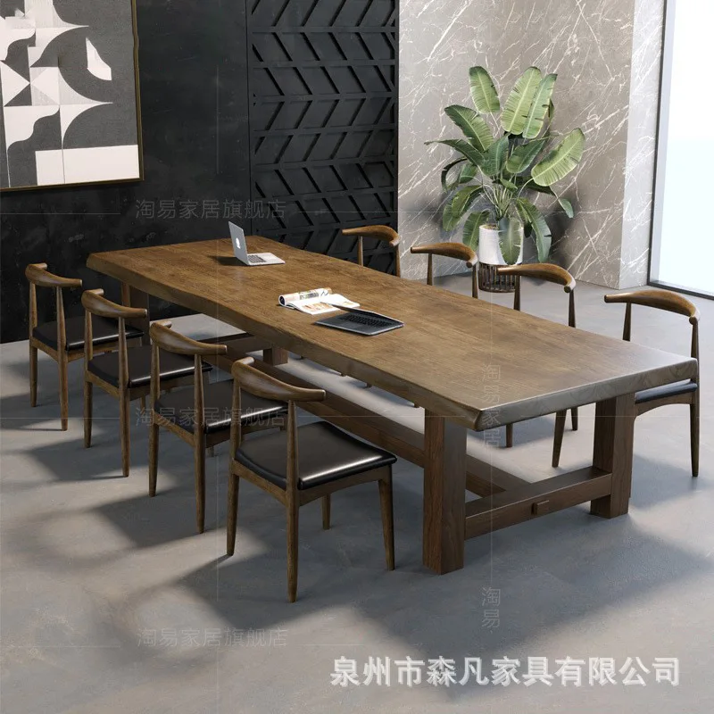 Nordic large solid wood conference table and chair combination strip large board log long table