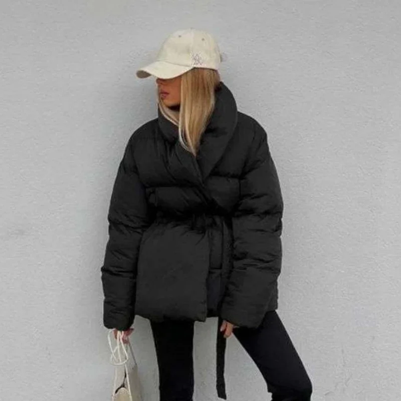 Woman\'s Winter Jackets Long sleeves pockets on side Office Ladies Warm Coats Black belted Outwear padded jacket Ladies parkas