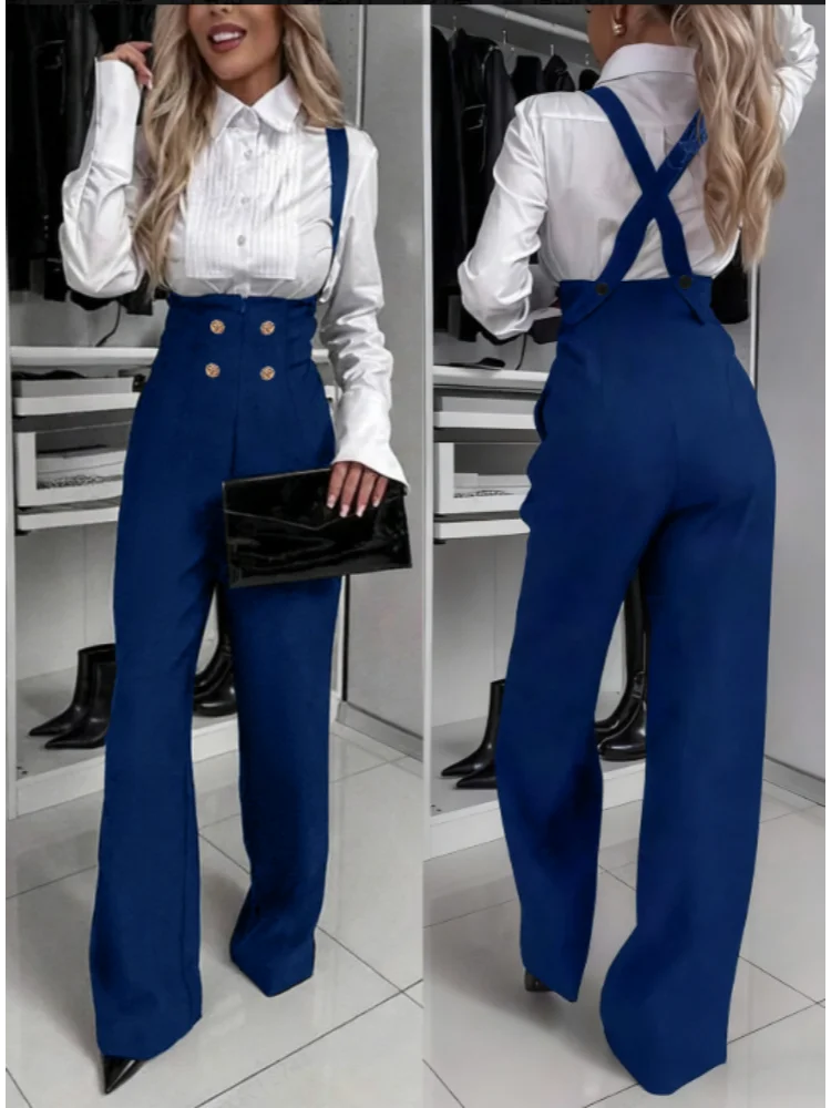 Celana Jumpsuit Wanita Musim Gugur Musim Dingin Model Suspender Kaki Lebar Warna Emas Kancing Dua Baris Retro Slim Fit Santai Sehari-hari Fashionable