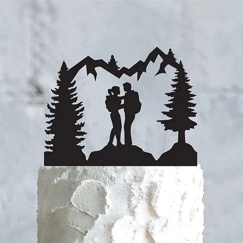 Mountain Outdoor Wedding Cake Topper Backpacking campeggio sposa e sposo escursionismo viaggi festa fidanzamento legno decorazione acrilica