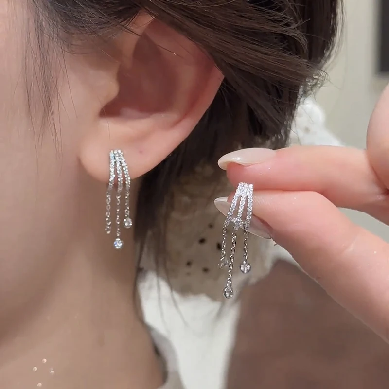 French Style Light Luxury Micro Inlaid Zircon Metal Tassel Pendant Earrings for Women 2026 High-end Design Fashion Ear Jewelry