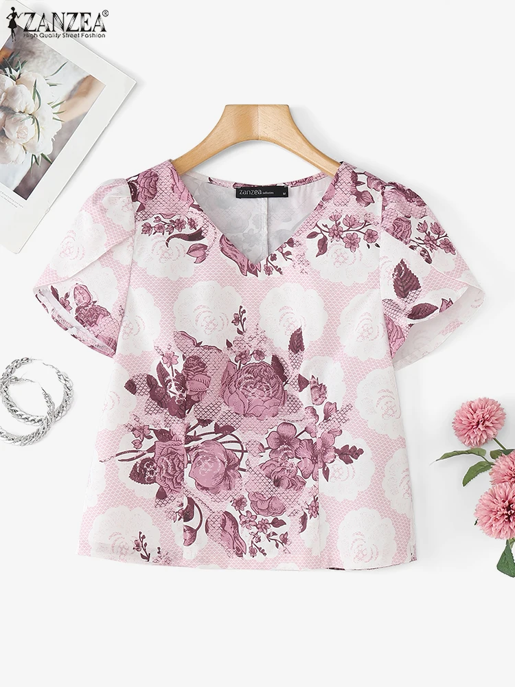 Women Floral Print Blouse ZANZEA Summer Short Puff Sleeve Tops Bohemian V-Neck Elegant Office Lady OL Shirts Fashion Clothing
