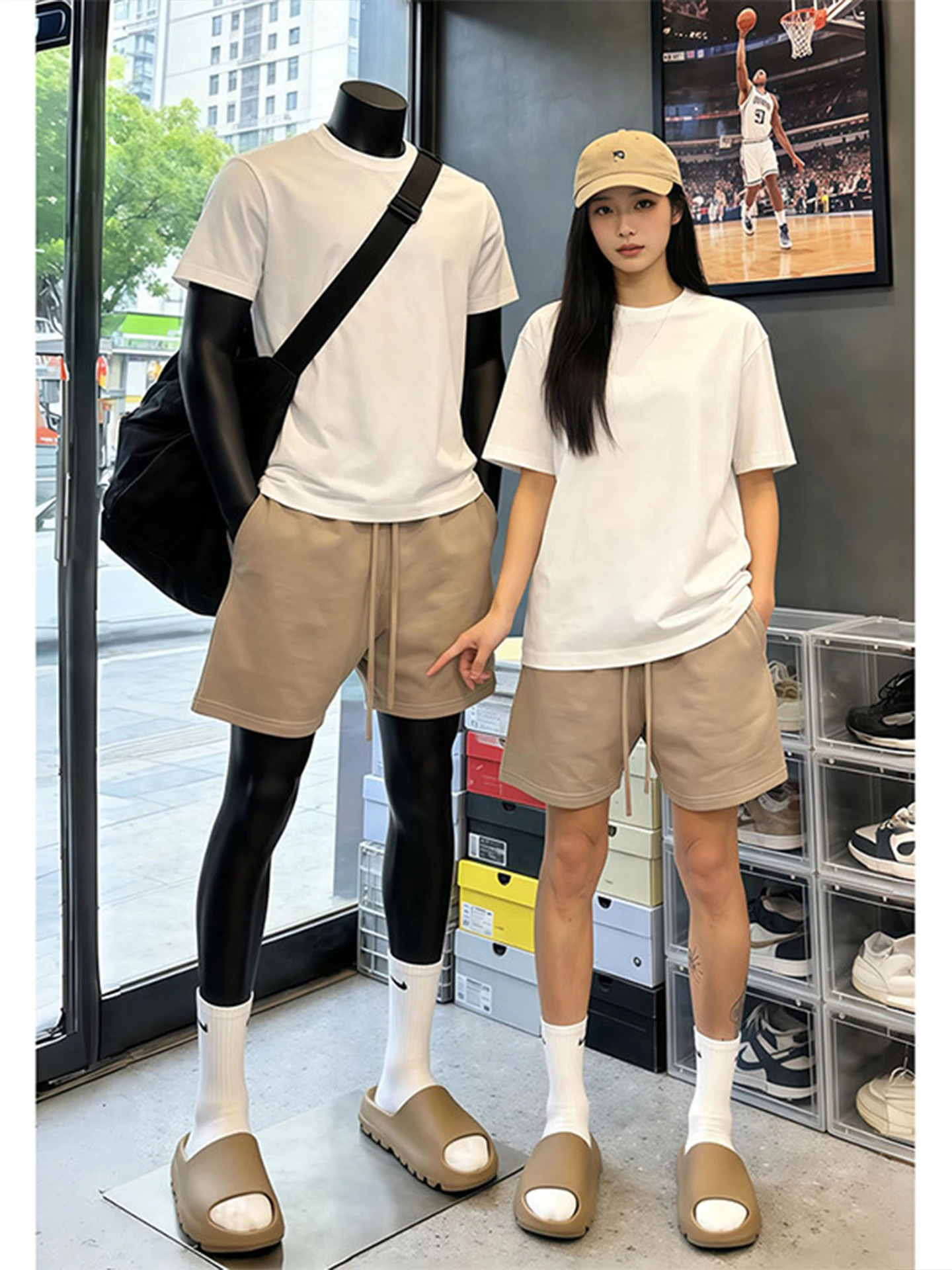 

Khaki Sports Shorts Men's Summer Thin Training Breathable American Running Casual Five-Quarter Length Trendy Elastic Waist