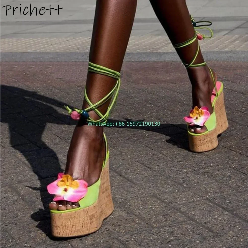 

Flower Wood Grain Cross Tied Sandals Peep Toe Wedges Mixed Color Green Pink Orchid Shoes Ladies Vocation Lovely Rhinestone Shoes