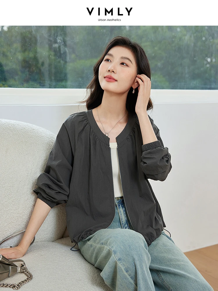 VIMLY Women\'s Casual Commuter Loose Solid Short Jacket Spring/Autumn New Versatile Round Neck Thin  Long Sleeve Cardigan Top