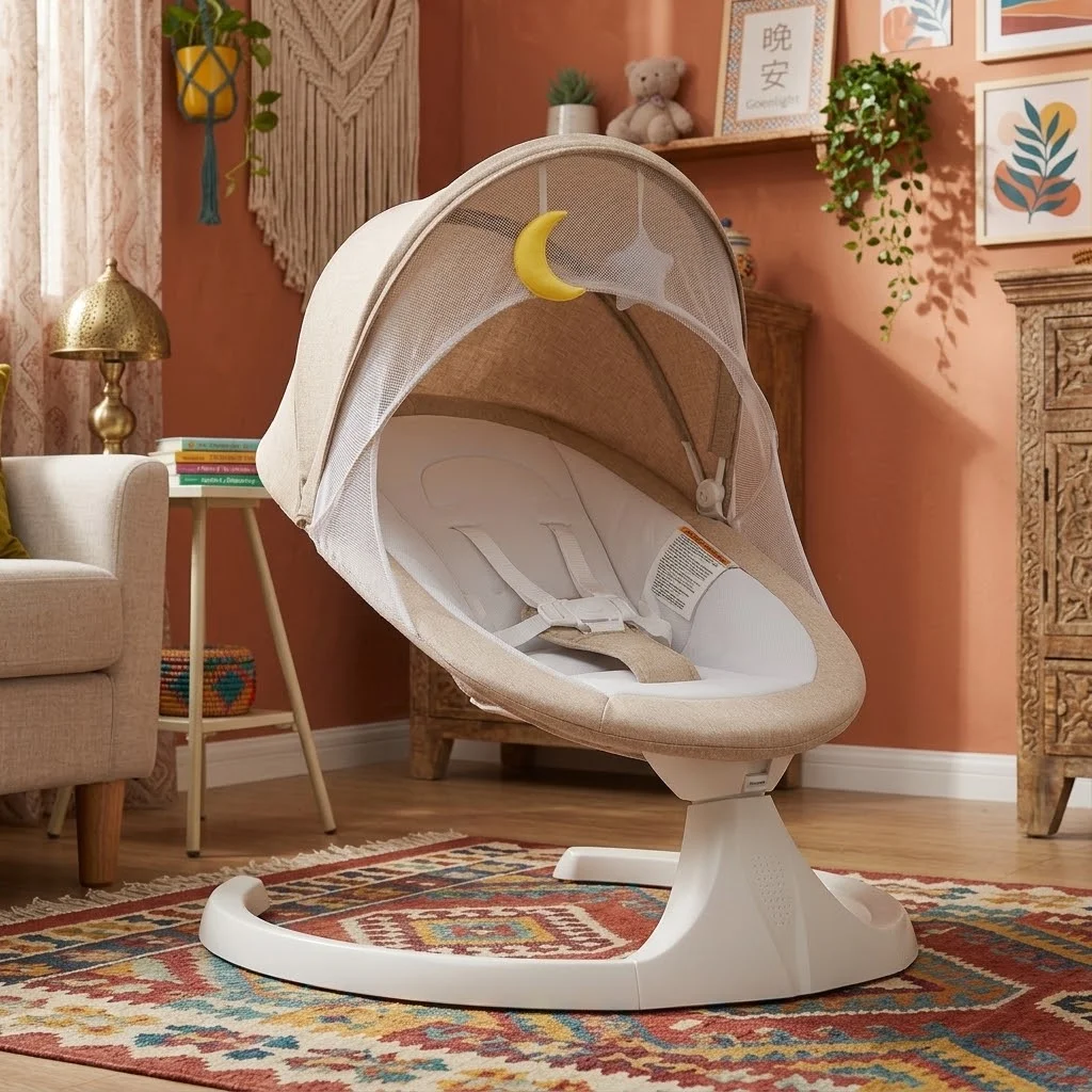 Balançoire électrique pour bébés, chaise berçante intelligente avec 5 angles de balancement, musique Bluetooth, télécommande, 3 réglages de minuterie,