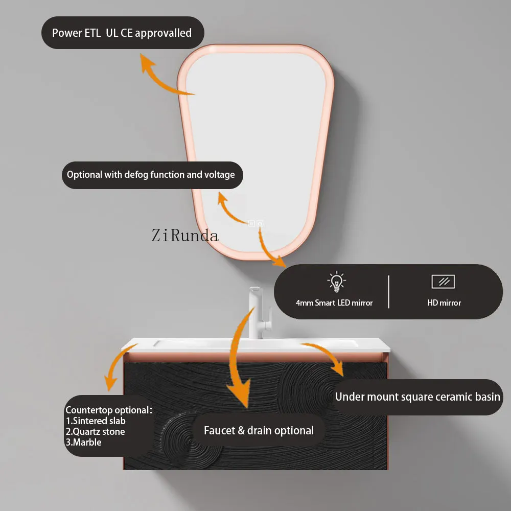 Black WC Vanity Modern waterproof bathroom cabinet Vanity with sink and mirror