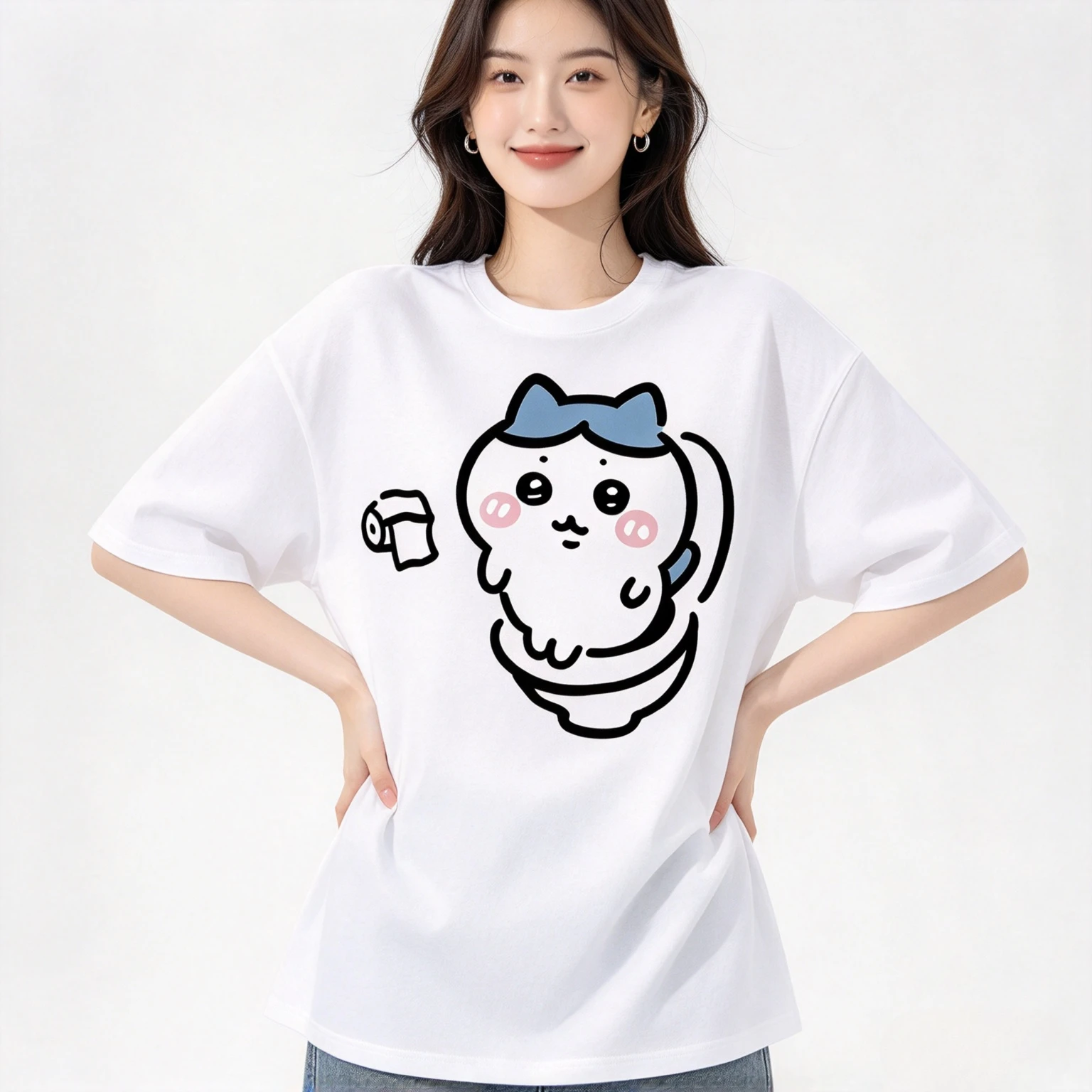 Cartoon Kawaii Modal Couple T-shirt Simple  Cute Cat Toilet Print Short Sleeve Tee Unisex Casual Matching Tops For Men Women