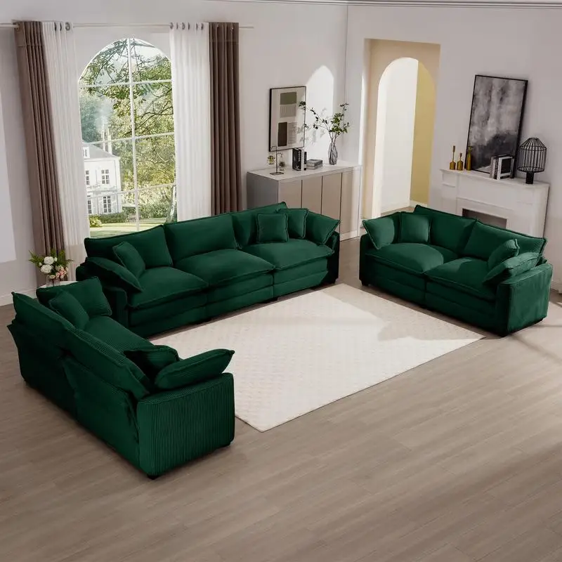 Modern Fabric Living Room Sofa Set, 2-Piece, 2-Seater & 3-Seater Sofas, 8 Cushions, Deep Seat Recliner, Green Corduroy