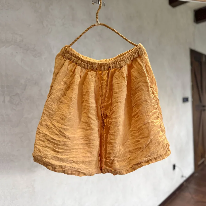 Women Elastic Waist Vintage Linen Wide Leg Shorts Female Loose Solid Color Pockets 2026 Summer Cool New Plus Size Women Shorts