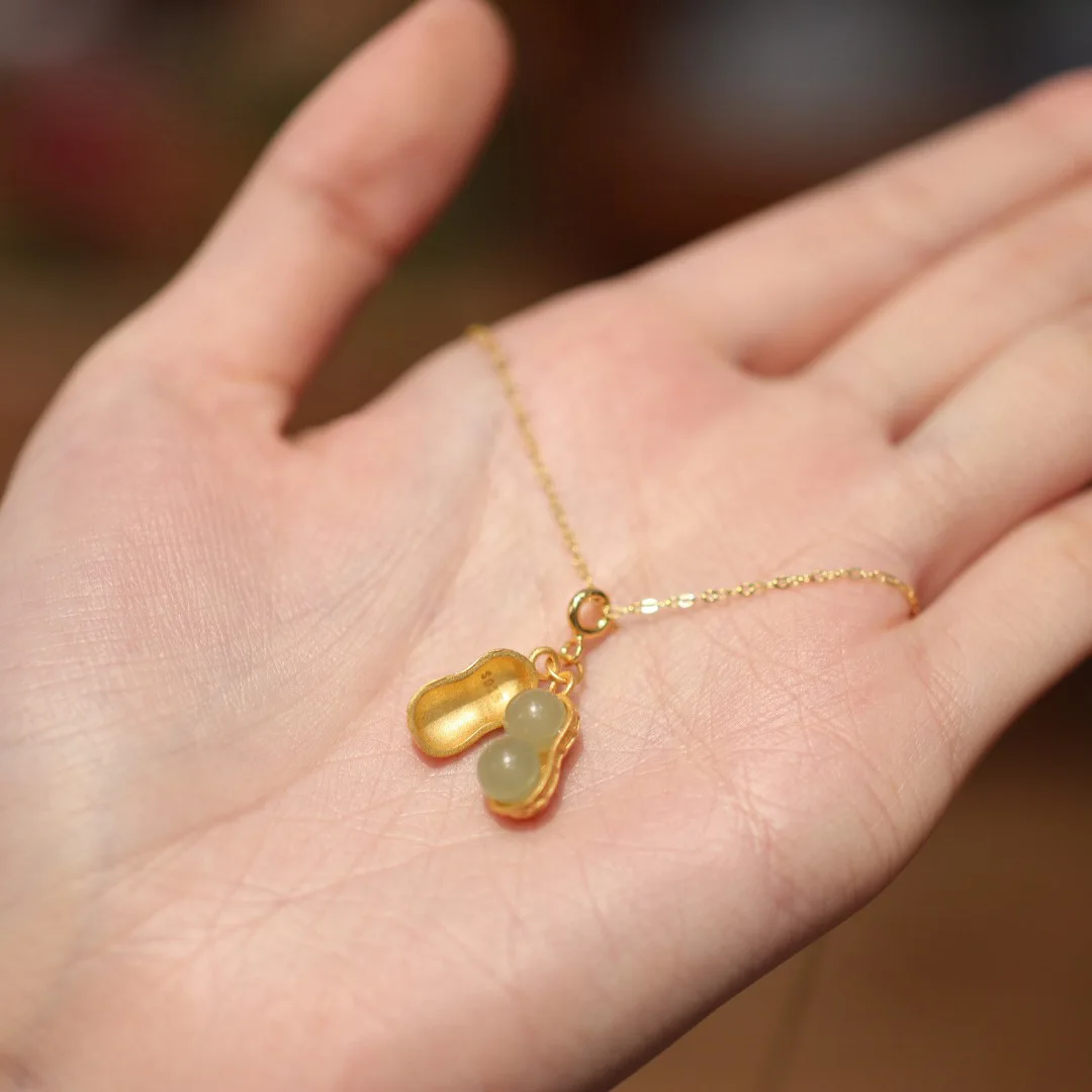 Natural Light Blue Hetian Jade Necklace S925 Silver Gold Plated Lucky Peanut Pendant Perfect Festival Gift for Friend