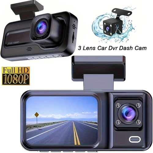 Cámara de salpicadero para coches, 3 canales, DVR, 1080P, grabadora de vídeo, cámara de visión interior delantera y trasera para vehículo, Dashcam de tres vías