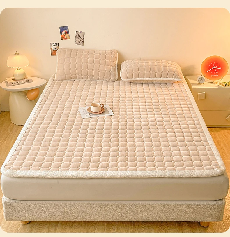 Thickened Warm Milk Fleece Autumn Winter Bed Pad Warmth  Fluffy Cozy Queen Bed Sheet Anti-slip Antistatic King Mattress Toppers