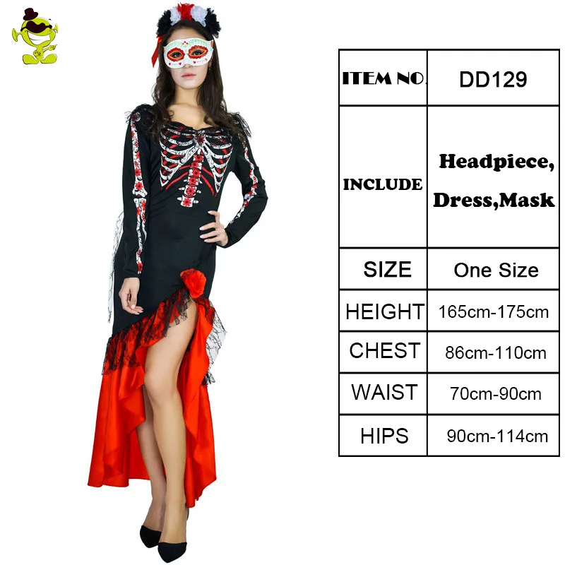 Womens Day Of Dead Senorita Costumes Halloween Purim Skeleton Clothing Cosplay Fancy Dress Ladies Scary Clothing