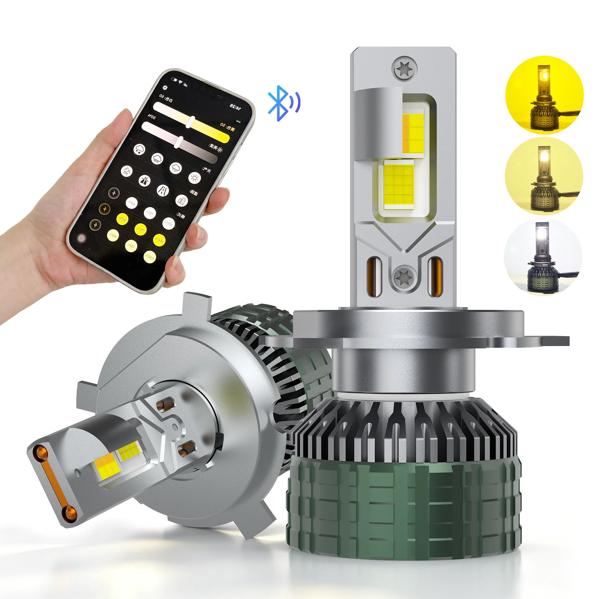 LED Headlight Bulbs 85W H7 H8 H9 H11 H16 HB3 HB4 9005 9006 9012 HIR2 Dual Copper Tube with App Bluetooth Tri Color Dimmable Fog