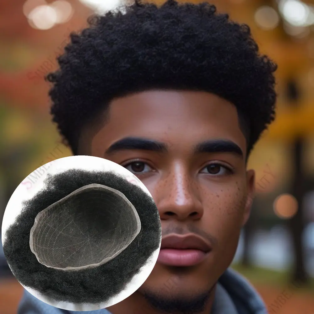 4 مللي متر الأفرو شعر بشري مجعد الشعر المستعار الأفرو نمط الرجال آدمي كامل الدانتيل/الدانتيل وقاعدة بولي PU نظام استبدال الشعر الذكور الاصطناعية
