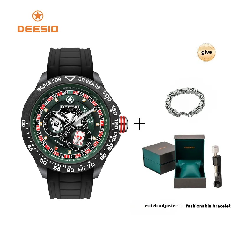 Deesio Poker dial Men's mechanical watch Stainless steel Silicone band Wristwatch Luminous Waterproof Cool Men Christmas gift