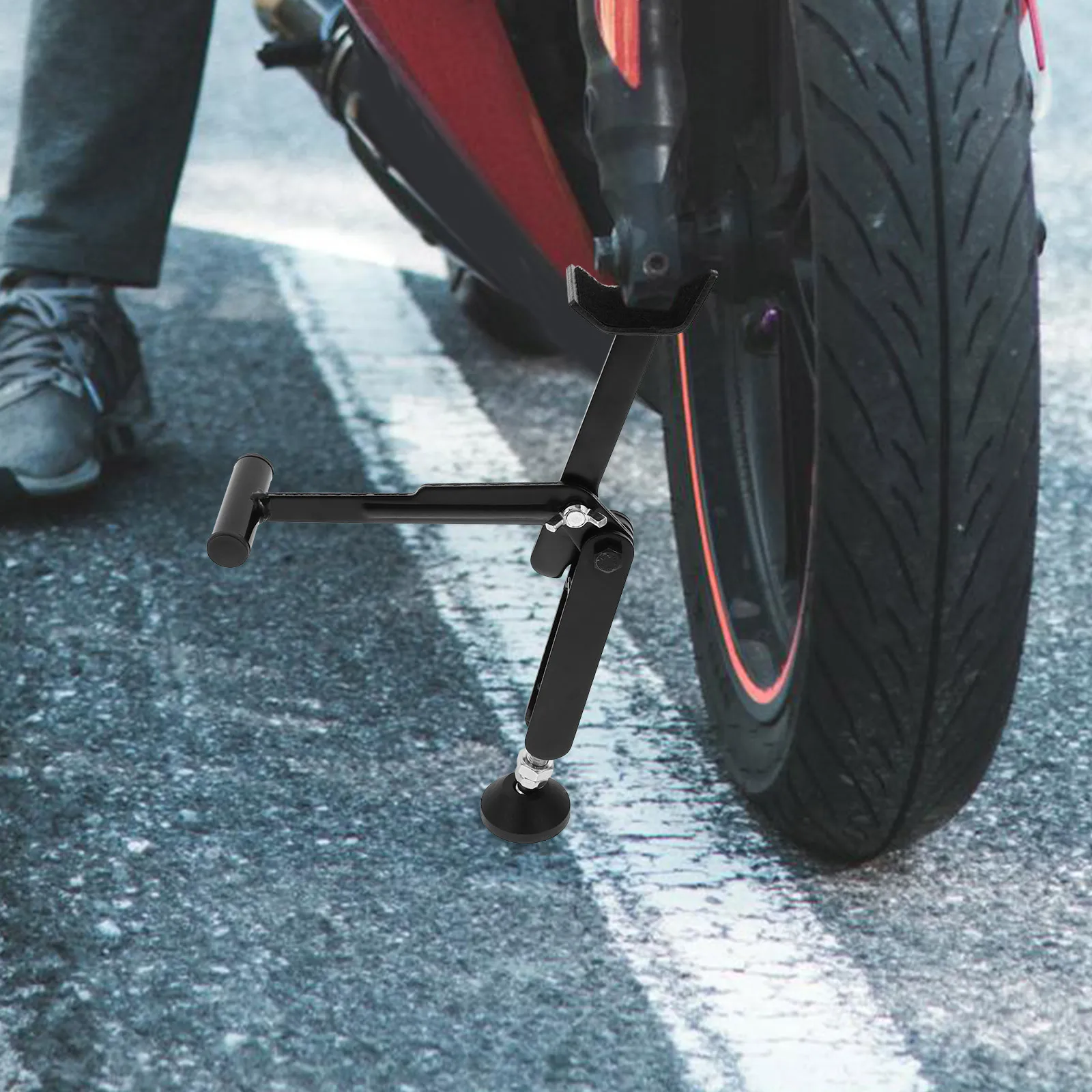 

Motorcycle Wheel Lift Stand Black Portable Foldable Design for Front and Rear Tire Changing Chain Cleaning Maintenance Easy