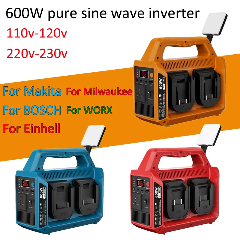 600W pure sine wave inverter for Makita/Dewalt/Milwaukee/bosch/Einhell /WORX18-20V Battery AC110V-220V Outdoor inverter