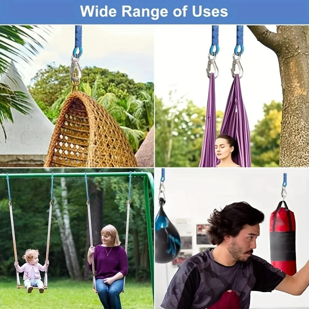 Heavy Duty Nylon Sling with Metal Hook Wear Resistant Hammock Suspension Rope for Outdoor Tree Swings Patio Chairs
