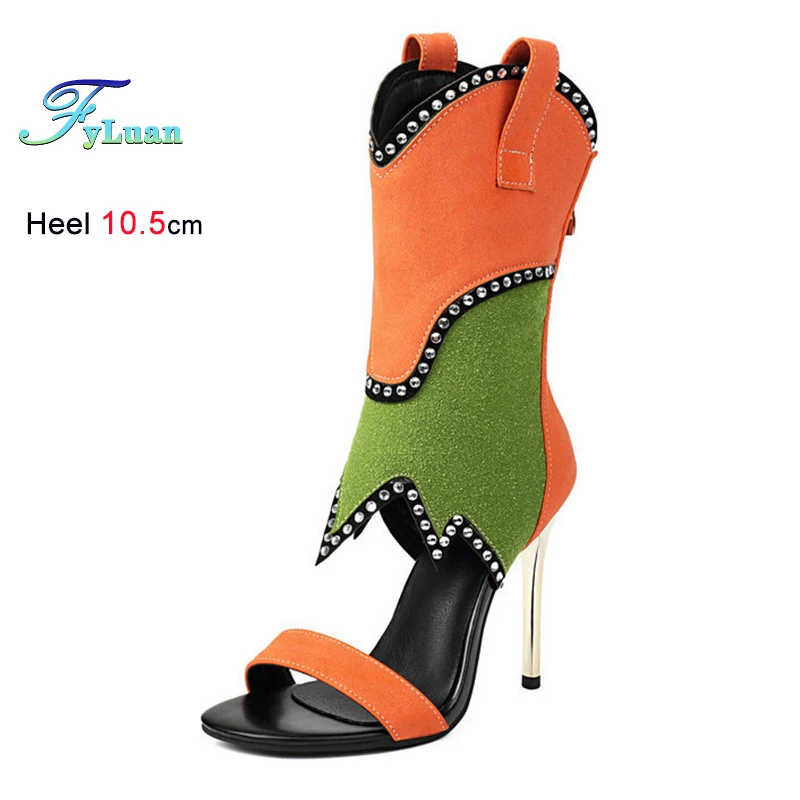 Sommerliche Orange Damen-Stiefel mit Dünnem 10,5cm Hohem Absatz, Halbhohe Stiefel mit Schmalem Riemen, Runde Offene Zehenpartie, Reißverschluss Hinten, Elegante Damenschuhe