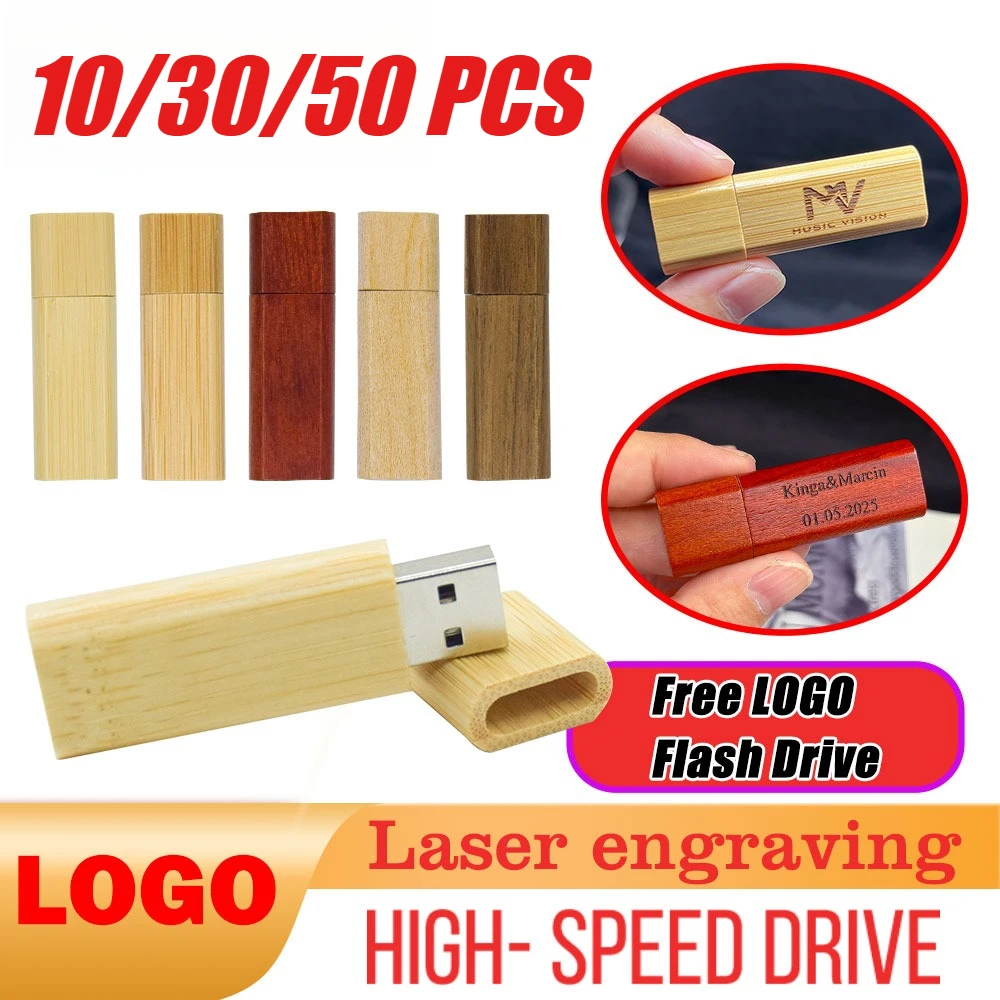 

10/30/50pcs USB 2.0 Flash Drive 128GB 64GB Wooden with Box Pen Drive 32GB 16GB Thumb Drive 8GB Photography Wedding Gift 4GB
