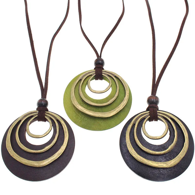 ultilayer Wooden Pendant Leather Cord Chain MNecklaces for Women Men Vintage Jewelry Boho Long Sweater Necklace Jewelry Gifts