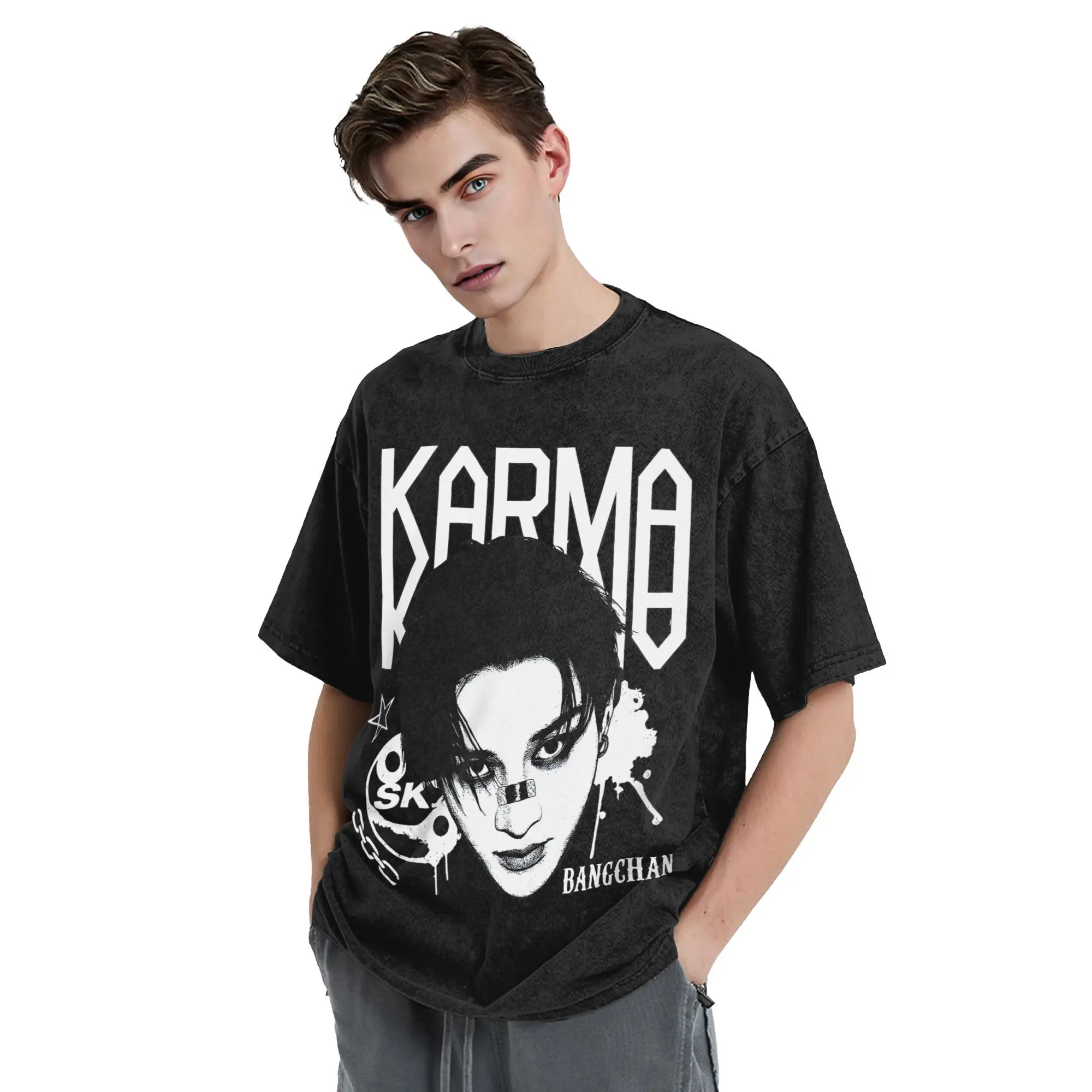 الشارع الشهير غسلها تي شيرت KPOP الألبوم الرابع كارما القطن تي شيرت الهيب هوب تي شيرت للرجل الصيف الجمالية عادية تيز