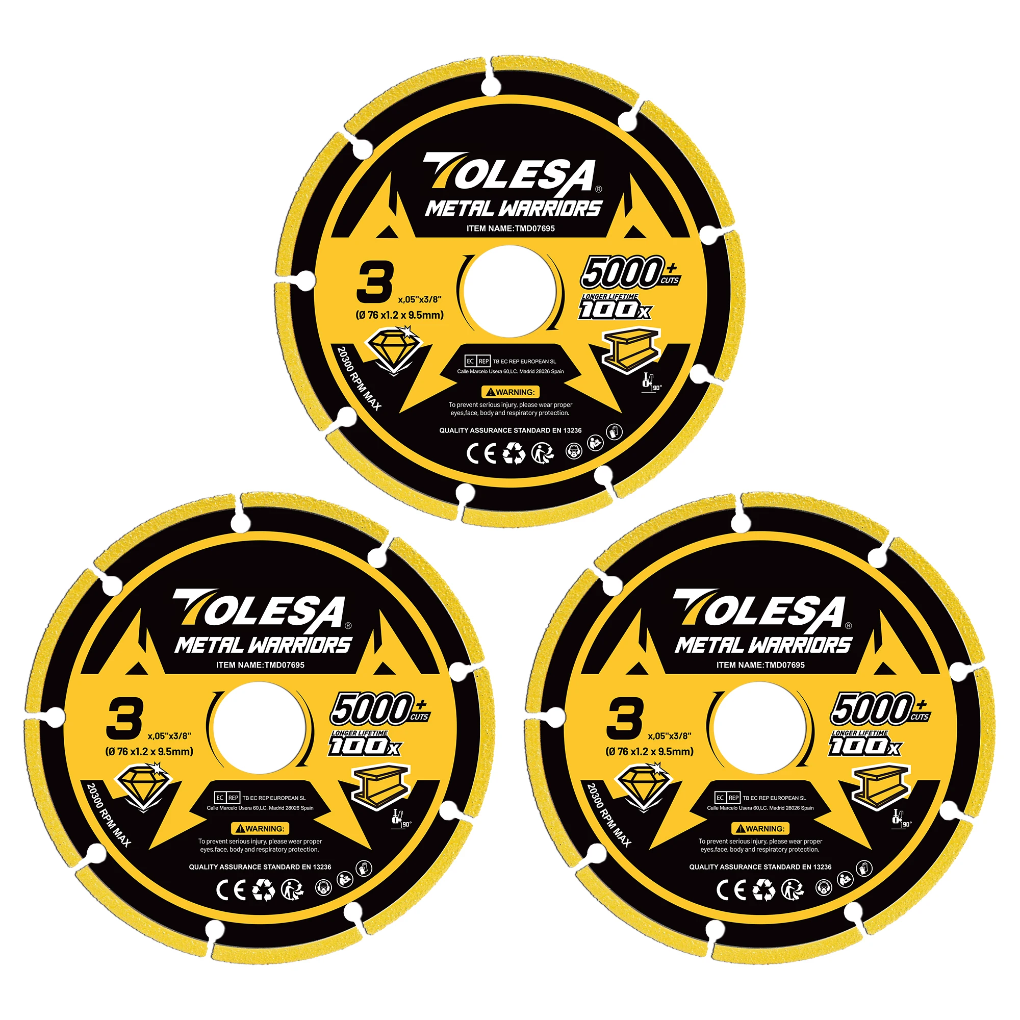 

TOLESA 3Pcs Diamond Cutting Wheel 76x9.5mm Cut Off Wheel with 5000+ Cuts for Metal, Rebar, Steel, Iron and INOX