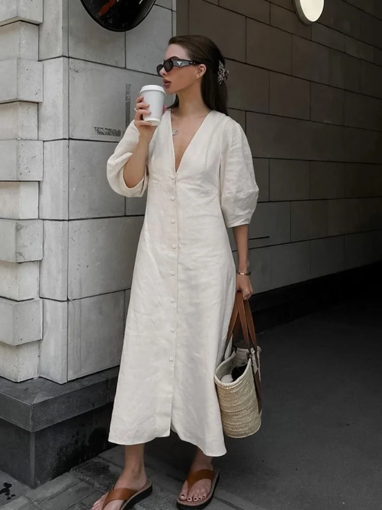 

Casual Loose Contrast Maxi Dress Women Elegant Lace Up Printed Flare Sleeve Female Cardigan Dresses 2024 Summer Oversized Robe