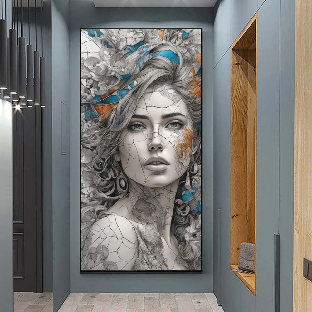 3d Visual Effect Fashion Woman Magazine Poster Print Fantasy Glass Cracked Woman Portrait Canvas Painting Living Room Home Decor