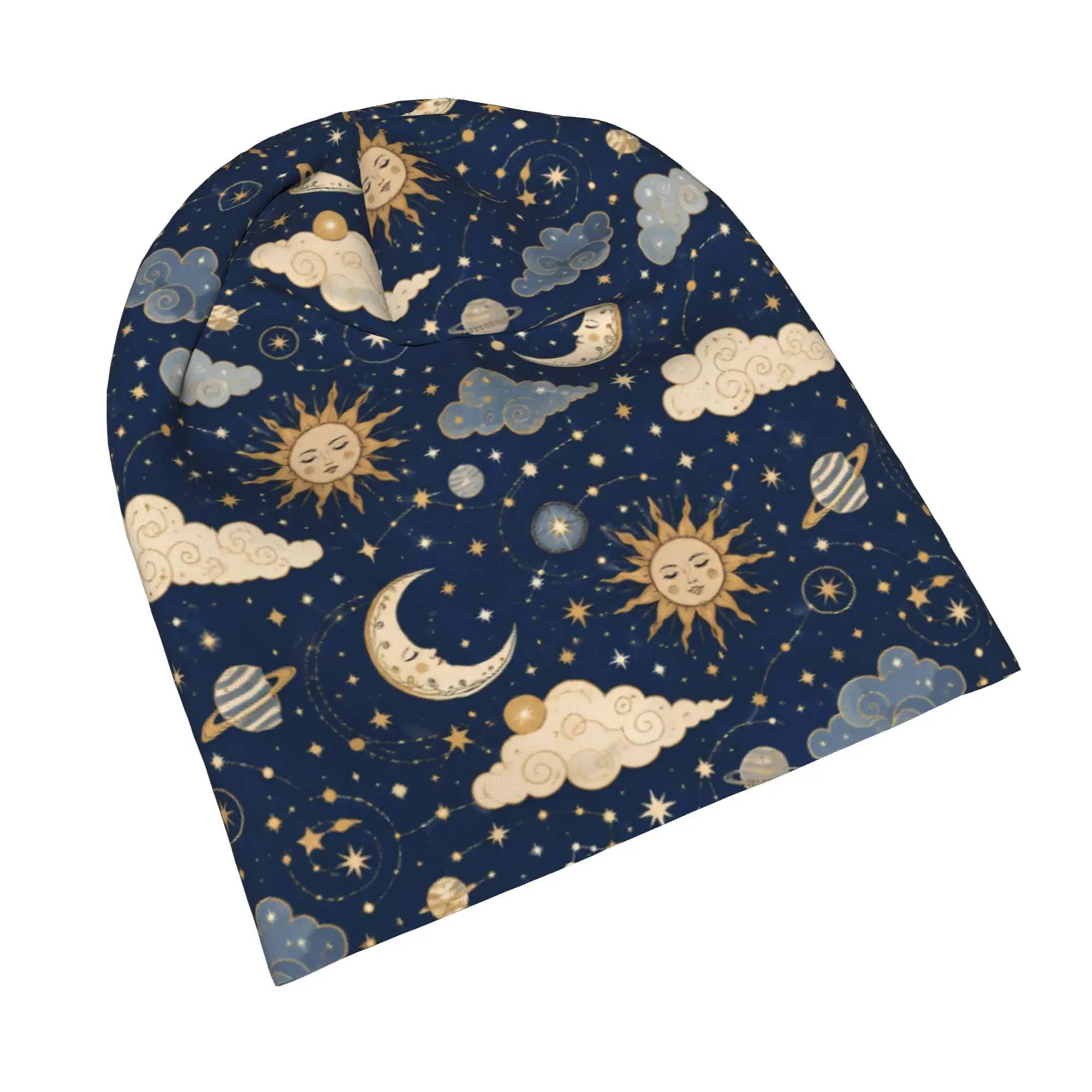 Sun and Moon Bonnet Hats Autumn Winter Street Mysterious Starry Sky Skullies Beanies Hat Unisex Warm Dual-use Caps