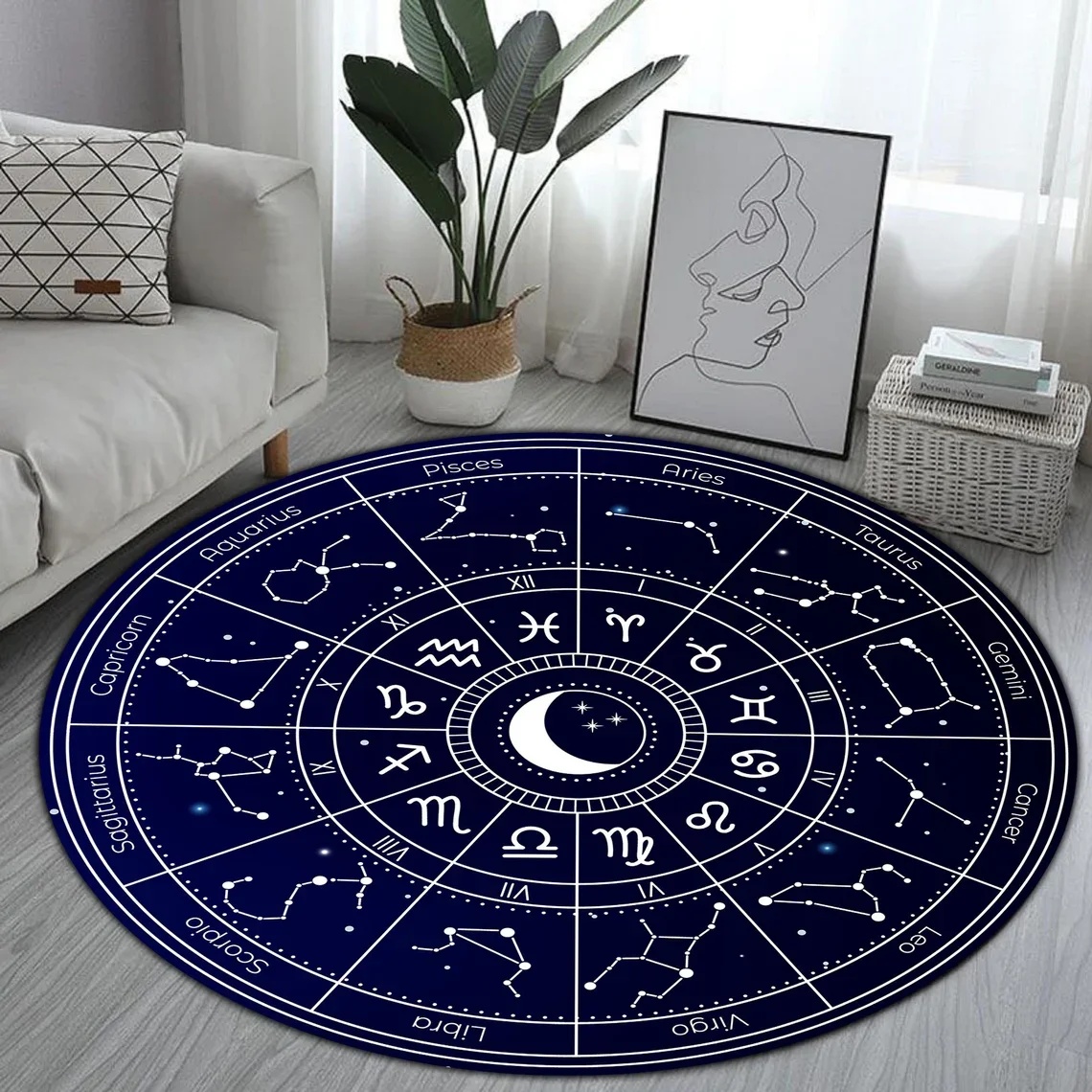 Modern Horoscope Round Rug with Star Chart Design Celestial Bedroom Living Room Carpet Floor Mat Decor Coffee Table Floor Mat