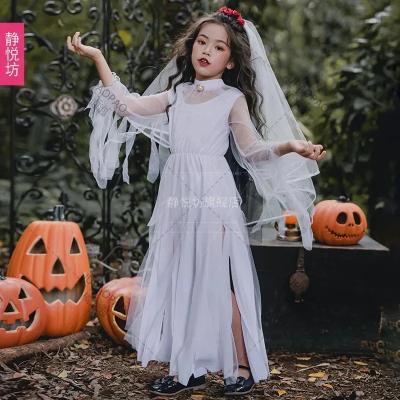 Fantasia de noiva fantasma, vestido de noiva zumbi, fantasia de halloween para crianças, meninas, preto e branco, fantasia de bruxa, diabo escuro, vestido de noiva fantasma