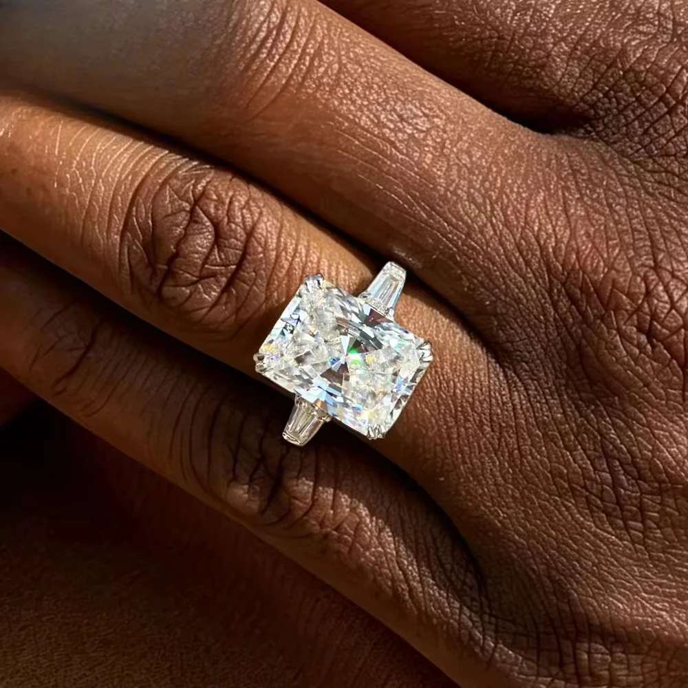 FCGJHW 3-Stone 4CT Radiant Moissanite Ring Pure S925 Silver with Tapered Baguette Diamond Wedding Band Fine Jewelry Gifts 2026