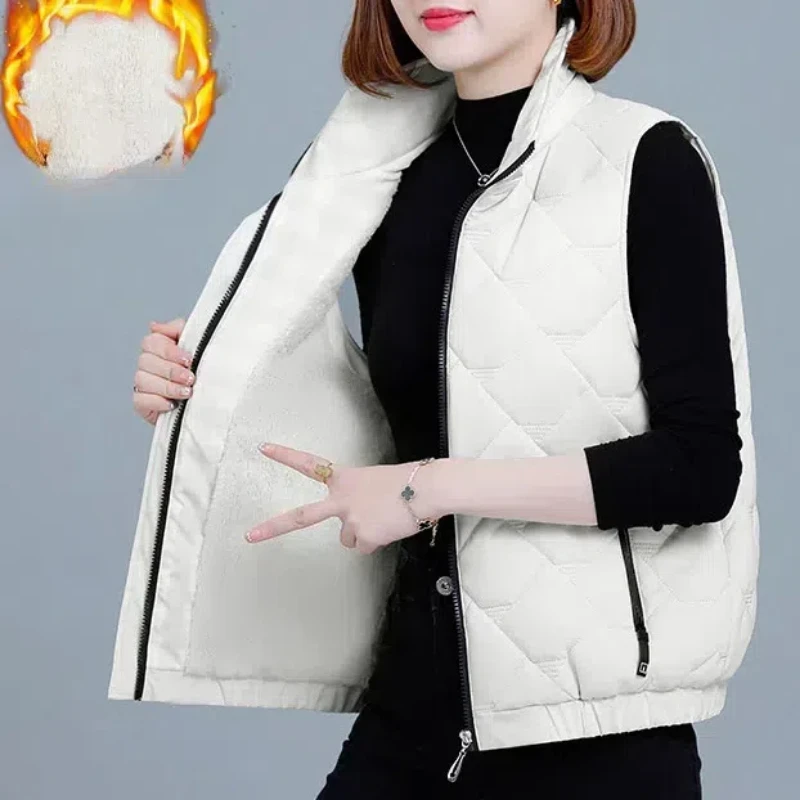 Zipper Solid Color Pockets Cardigan Sleeveless Vests Coats Women's Clothing Turtleneck Autumn Winter Flocking Casual Tops