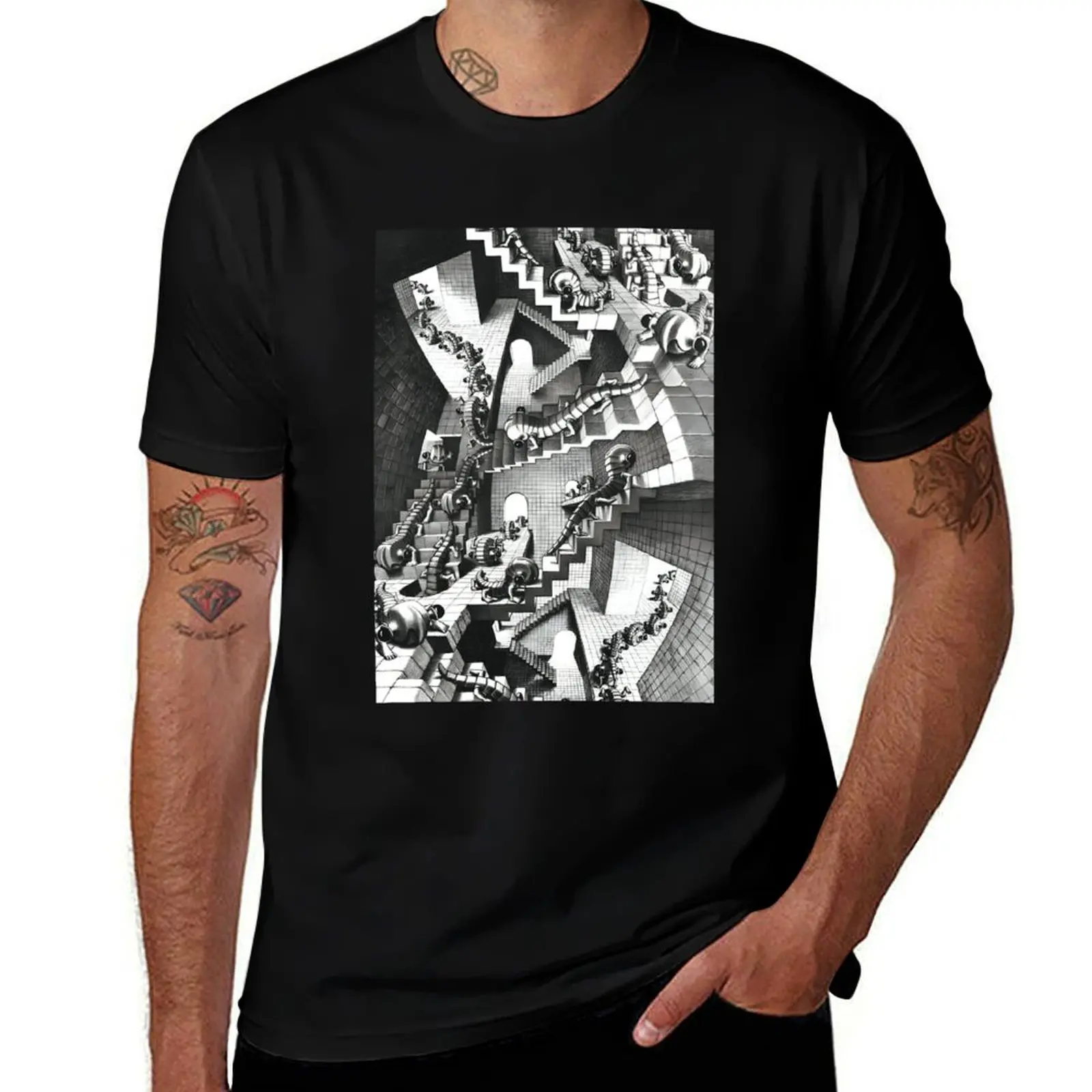 M.C. Escher Stairs | Lizards Going Up Stairs MC Escher T-Shirt Casual Soft Cotton Short Sleeve Tee