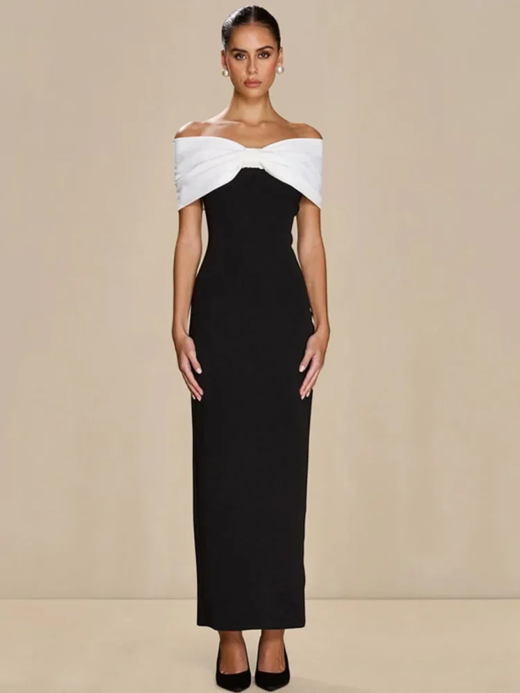 فستان ماكسي مثير بدون أكتاف مكشوف الظهر للنساء أنيق مرقع بدون أكمام وظهر عالي الخصر فساتين حفلات النادي