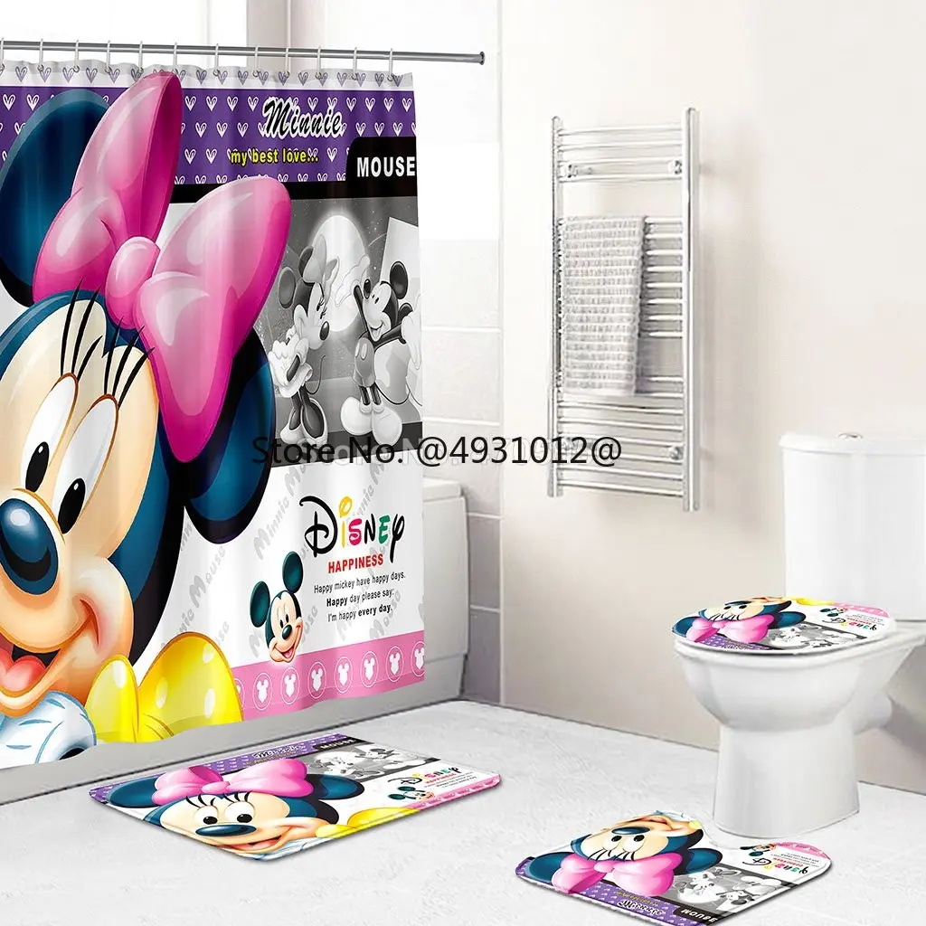 

Шторы для душа Disney с Микки и Минни Маус, набор для ванной комнаты, Противоскользящие коврики с цветами, крышка для унитаза, предметы интерьера