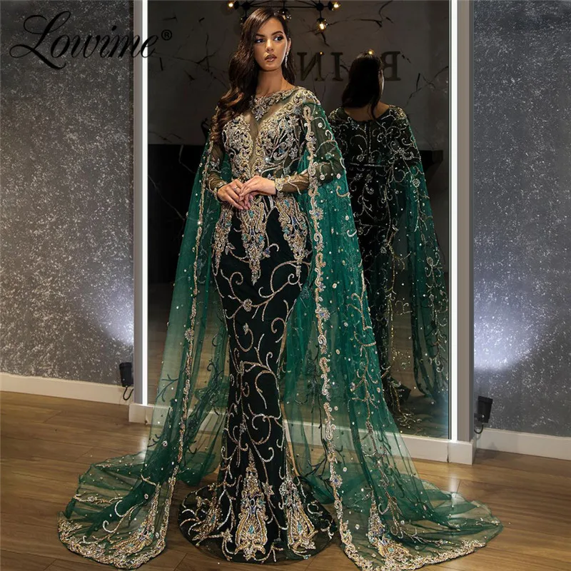 

Lowime Dubai Green Cape Long Sleeve Evening Dresses Heavy Crystals Beaded Mermaid Arabic Middle East Party Gowns Robe Prom Dress