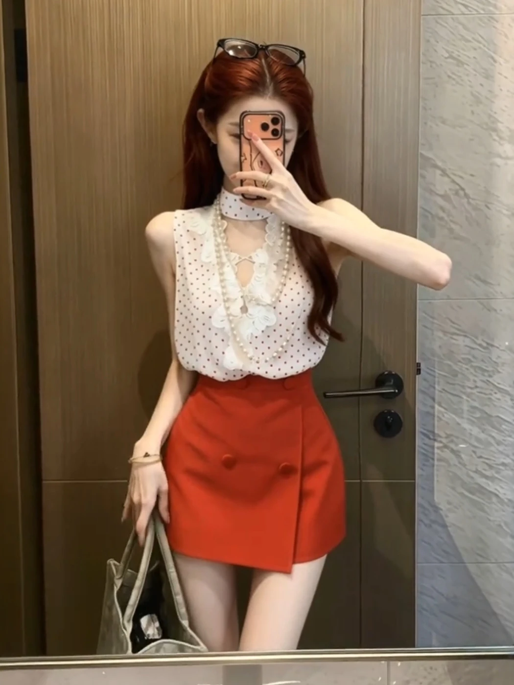 

Sweet Style Lace High Waist V-Neck Top And Red Short Pants Two-Piece Set for Women Summer Polka Dot Fashion Ensemble