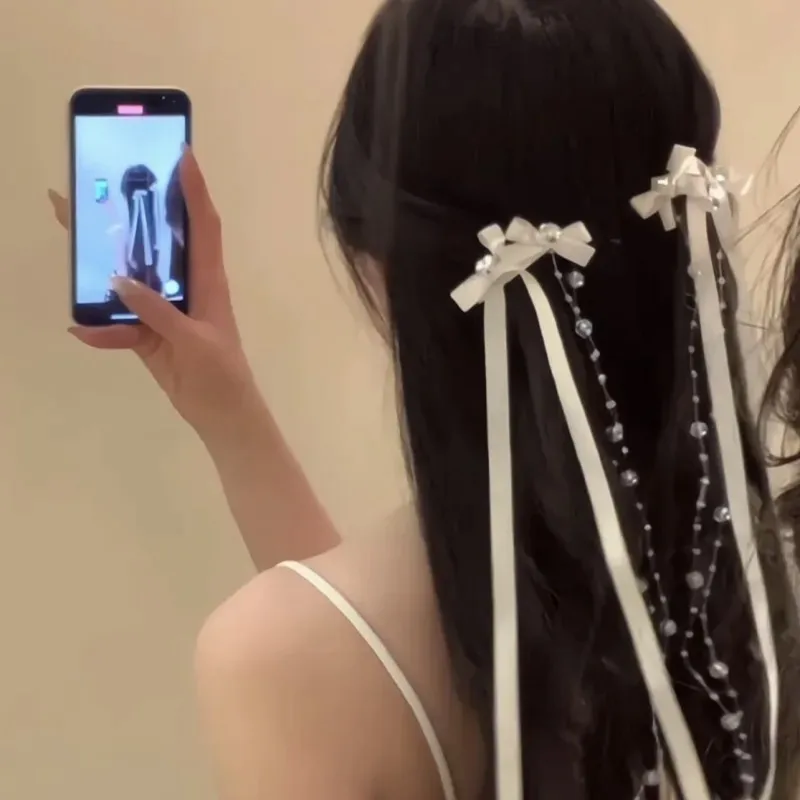 

Ribbon Glass Bead Bow Tassel Hair Clip, Korean Y2K Fashion Solid Color Hair Clip, Girls' Party Hair Accessory Side Clip
