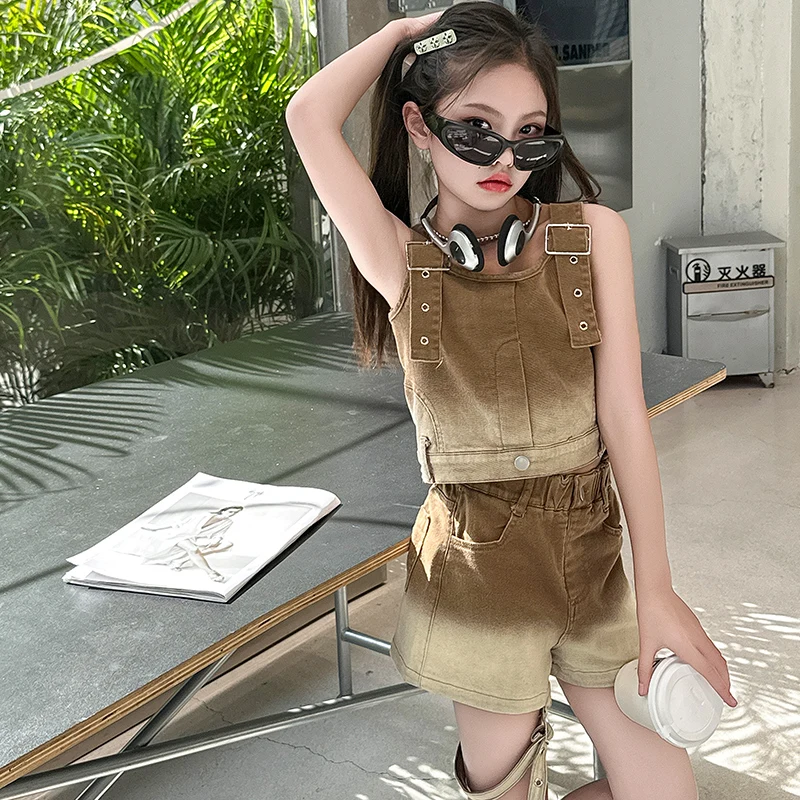 2024 Summer Girls Gradient Tank Jeans Shorts Sets Adjustable Strap Tops + Short Pants Suits Casual Jazz Children\'s Youth Outfits