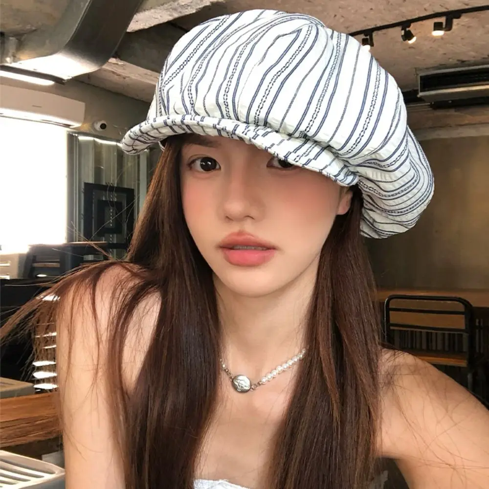 جديد الربيع الصيف مخطط القبعات Y2k واقية من الشمس مثمنة قبعة عادية رقيقة الرسام قبعات في الهواء الطلق