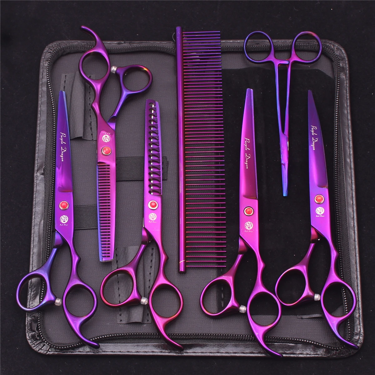 Purple Dragon Pet Schere 7'' Edelstahl Hundepflegeschere Kit Gerade Schere Effilierschere Chunker Gebogene Schere Z3003 – Detail 21